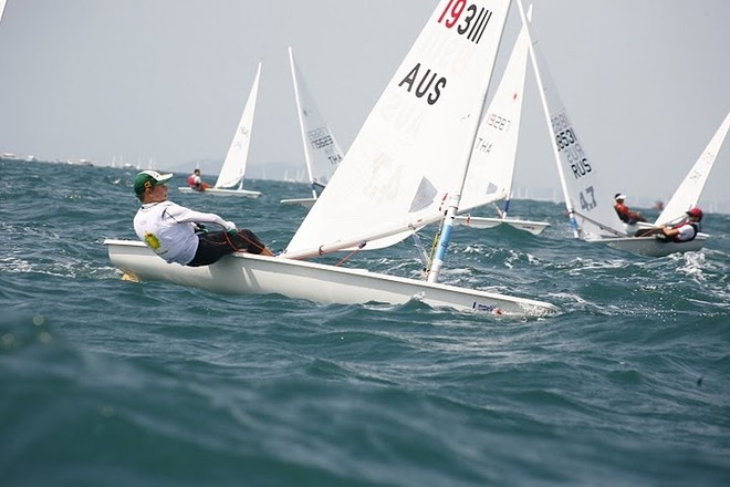 Ben Walkermyer on the first work in Race 5 - Laser 4.7 World Youth Championships, Pattaya Thailand © Royal Varuna Yacht Club .